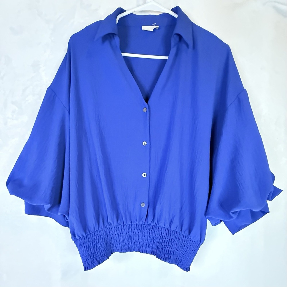 Oddi Cobalt Blue Smocked Hem Blouse M Balloon Sleeve Lightweight Boho Top